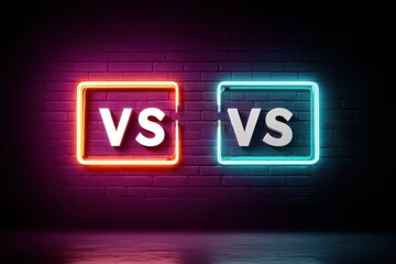 V versus S neon frames glow in a dark studio with a reflective wet floor