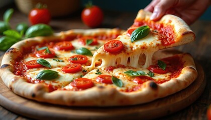Freshly baked pizza with melted cheese stretch. Juicy tomato slices and green basil leaves top this italian delight. Hand lifts a slice, ready for eating. Perfect Italian dinner.