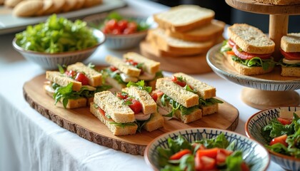 Corporate event morning tea setup with assorted finger sandwiches on wooden platters. Fresh green salads in bowls and bread slices are displayed. A refined spread suitable for meetings and gatherings.