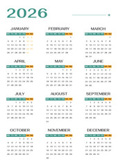 Modern English 2026 calendar yearly single vertical page template with highlights. Layout monthly planner for the year week starts on Monday