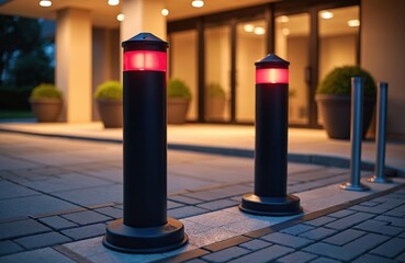 Parking bollards with red light on walkway. Bollards restrict vehicles access to area. Security metal columns on pedestrian zone near building ensure safety in urban space.