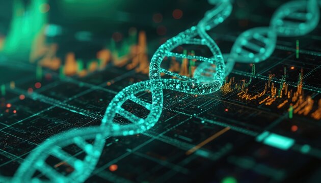 Turquoise dna helix displayed on black tech surface. Genetic code visualization with digital circuit, data. Futuristic healthcare, medical research, biotech science abstract concept. Gene analysis