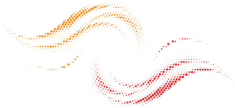 Abstract colorful halftone wave, orange and red dot texture, dynamic symmetrical flowing element, modern gradient curve graphic, energetic motion pattern