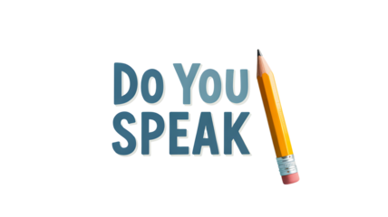 Pencil next to the words do you speak written in blue letters isolated on transparent background