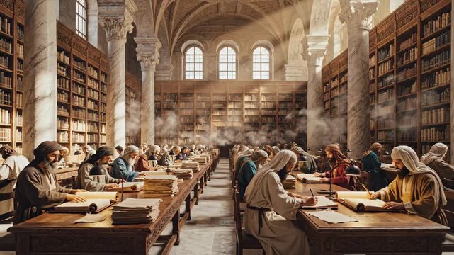 Scholars fill the ancient library, eagerly studying under warm sunlight filtering through grand windows. Dust dances in the air as they immerse themselves in lost texts and shared ideas.