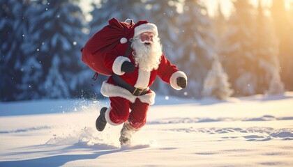 Running Santa Claus with gift sack in snowy winter forest. Perfect for Christmas, holiday, magic, children, story, celebration, season, adventure, family tradition, joyful, wonderland theme.