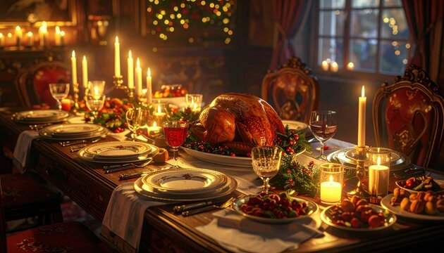 Festive Christmas dinner table with candlelight, roast turkey, and elegant decorations for family celebration. Cozy, traditional, merry xmas, sharing, warmth, joy, luxury feast, winter, gourmet, - Powered by Adobe