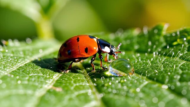 Ladybug on a Green Leaf with Water Droplets in Sunlight.
