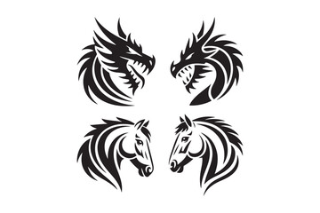 Tribal style dragon and horse heads facing each other