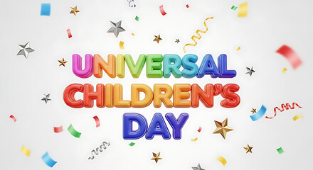 Universal childrens day colorful text with confetti on white background