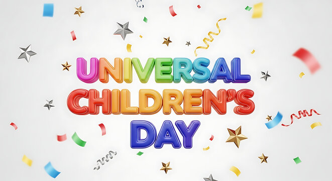 Universal childrens day colorful text with confetti on white background