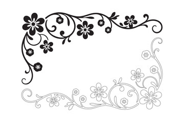Elegant black floral corner design with swirls and flowers