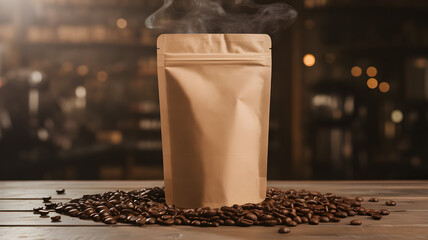 Brown paper pouch bag with coffee beans and steam