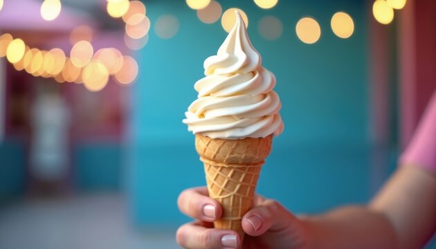 Person holds vanilla soft serve ice cream cone. Creamy dessert cone has waffle texture. Blurred bokeh background lights suggest celebration or fun.