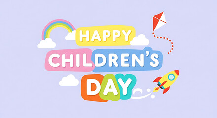 Happy childrens day celebration with rainbow, kite and rocket
