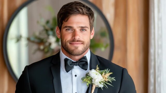 Elegant groom tuxedo with boutonniere, adjusting bow tie formal wedding setting with confidence