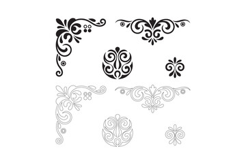 Ornate vintage decorative elements and corner flourishes in black and white