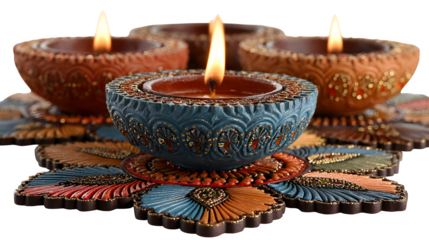 Beautiful burning diya placed on rangoli pattern representing light and positivity isolated on white background