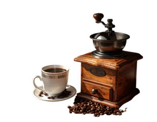 Cozy Café Scene — Vintage Coffee Grinder with Beans, Cup, and Linen Napkin