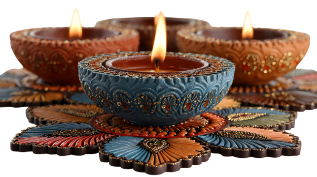 Beautiful burning diya placed on rangoli pattern representing light and positivity isolated on white background