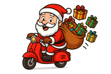 Santa claus riding a red scooter, delivering christmas presents from a sack, festive winter holiday season courier service
