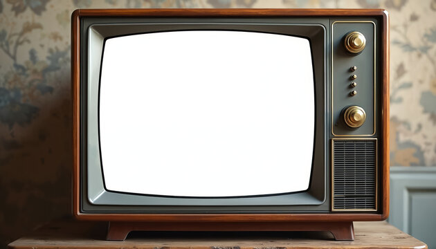 Vintage analog TV blank white screen for designers. Old retro telly sits on wood table, against patterned wallpaper. 1960s 1970s media device, perfect as design template. Use for past culture, advert