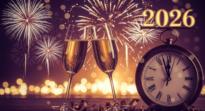 Celebrating New Year 2026 with champagne and fireworks
