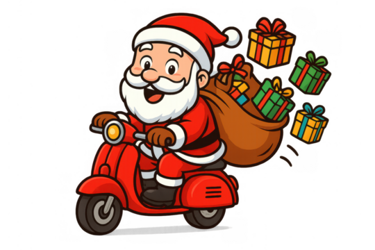 Santa claus riding a red scooter, delivering christmas presents from a sack, festive winter holiday season courier service