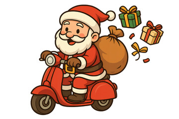 Santa claus riding a scooter delivering christmas gifts with a sack full of presents, transparent background