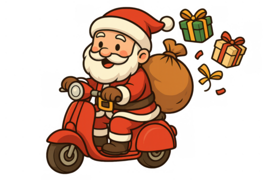 Santa claus riding a scooter delivering christmas gifts with a sack full of presents, transparent background