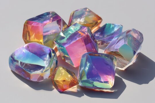Sculpted holographic cubes float on a white background with colorful iridescent reflections