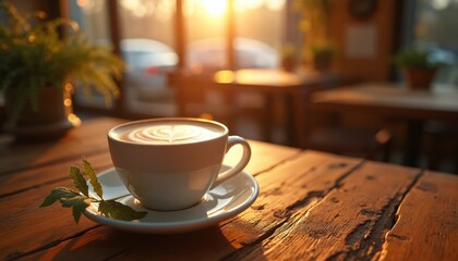 Hot latte art coffee in white cup sits on rustic wooden table at sunrise. Gentle morning sun illuminates cozy cafe atmosphere. Fresh green leaf adds natural touch. Relaxing warm beverage.