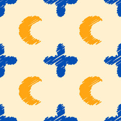Seamless vector pattern with crayon hand-drawn abstract stars and moon. Ideal for kids textiles, stationery, gift wrap, and playful packaging.