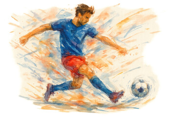 Dynamic football player kicking soccer ball in vibrant watercolor illustration, action, sport, transparent background