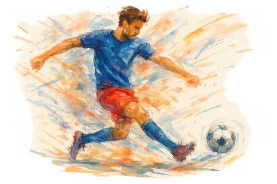 Dynamic football player kicking soccer ball in vibrant watercolor illustration, action, sport, transparent background