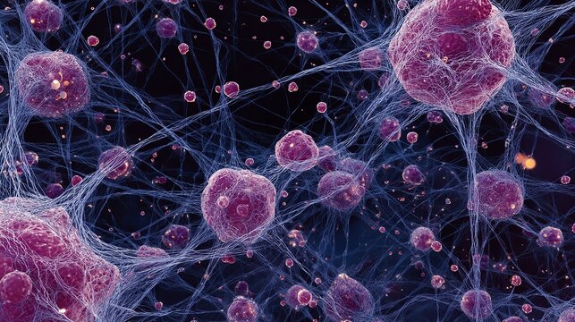 Explore the intricate world of cellular biology with this captivating scientific visualization showcasing cells and their complex interconnected network