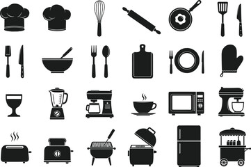 Obraz premium Kitchen utensil silhouette icons, cooking tools, black vector set, flat design, culinary elements, food preparation, flat vector illustration