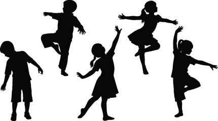 Children silhouettes dancing, posing, playing together, joyful kids in motion, fun childhood activity vector, isolated black shapes, happy movement, flat vector illustration