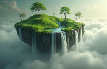Floating green island with lush moss, trees and cascading waterfalls in dreamlike sky. Water flows down rocky cliff into clouds. Green hills and vibrant plant life thrive on surreal landscape.