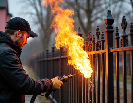 Worker using fire to remove old paint from a metal fence. Man in protective gear holds a burner with a flame. Industrial process is captured during the metalwork.