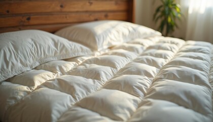 Neatly ironed white comforter on a bed. Pillows and wooden headboard create cozy bedroom scene. Sunlight streams across soft bedding, inviting rest and relaxation indoors. Sleep comfort.