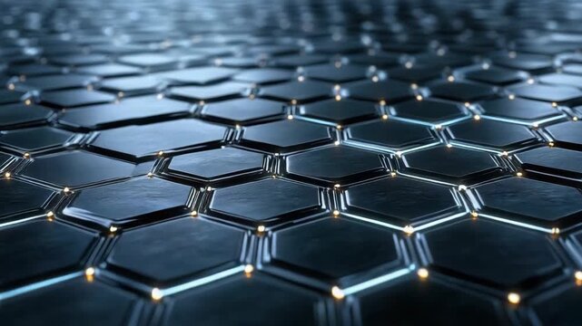 Shiny hexagonal pattern with reflective surfaces and glowing edges creates modern, futuristic