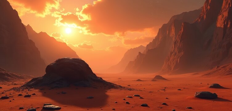 Martian desert panorama at sunset. Large rocks scatter red ground. Sun shines through orange sky. High mountains rise. Cosmic planet landscape resembles alien uninhabited world exploration, science