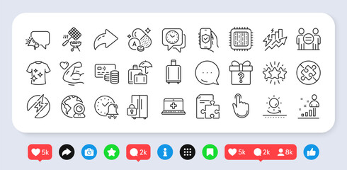 Medical help, Video conference and Strong arm line icons pack. Social media: share, comment, like icons. No puzzle, Strategy, Vitamin a web icon. Sun protection, Grill basket, Card pictogram. Vector