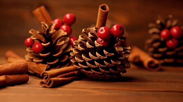 Festive Winter Still Life with Pine Cones, Cinnamon Sticks, and Red Berries on Wood