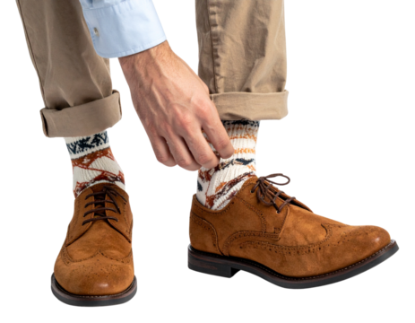 Brown suede derby shoes on man tying laces isolated on transparent background