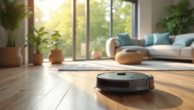 Black robot vacuum cleaner moves across light wood floor in sunny modern living room interior. Bright home features large window, green potted plants, cozy sofa, coffee table. Smart tech device - Powered by Adobe