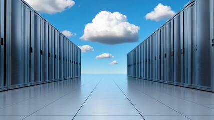 Modern Data Center Technology with Servers Under Bright Blue Sky and Cloud Computing Infrastructure - Powered by Adobe