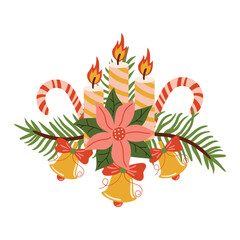 Cute Christmas wreath with fir branches, candy cane, bell, Poinsettia flower, and candles in flat cartoon style. Ideal for festive design, greeting cards, stickers, and winter projects.