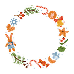 Fototapeta premium A cute round Christmas frame with cartoon festive elements like fir branch, bell, candy cane, plush bunny, gingerbread, snowflake, red berry, clove, and decorative dots on white background.